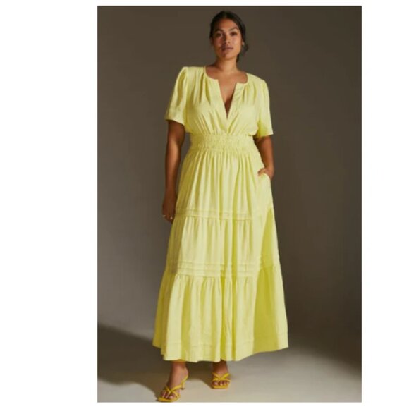Anthropologie - The Somerset Maxi Dress Tiered: Linen | Lemon Yellow | Size XSP - Picture 3 of 17